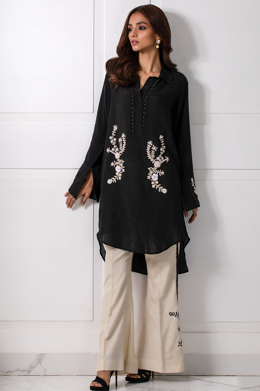 Black Beige Embroidered Shirt