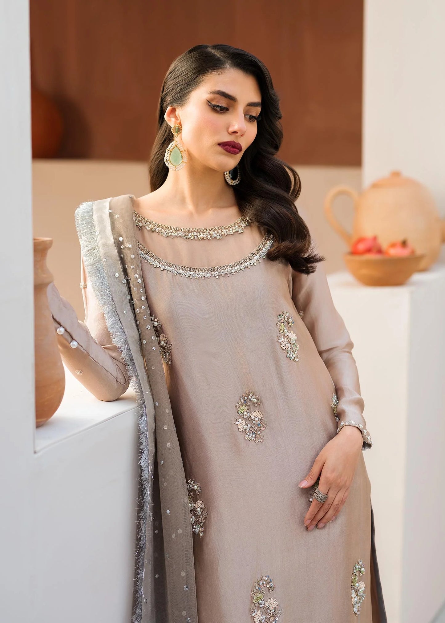 SAND GREY SILK 3PC DRESS