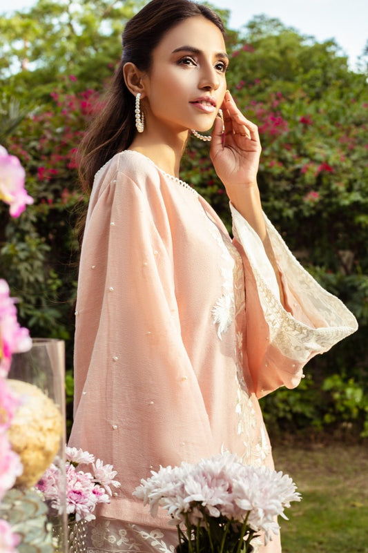 Pink cotton net firdous tunic with embroidery paired with matching izaar – AS566