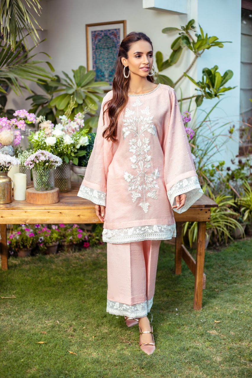 Pink cotton net firdous tunic with embroidery paired with matching izaar – AS566