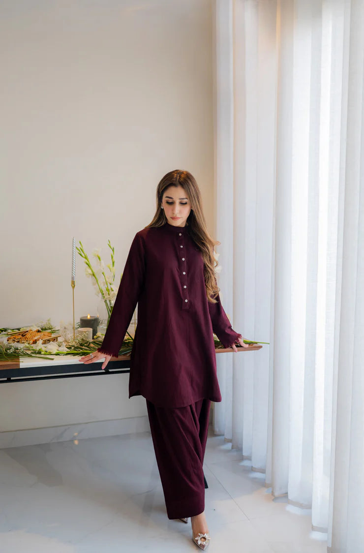 Deep Maroon karandi kurta shalwar