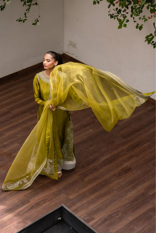 Olive Green Silk Shirt Azaar with Dupatta