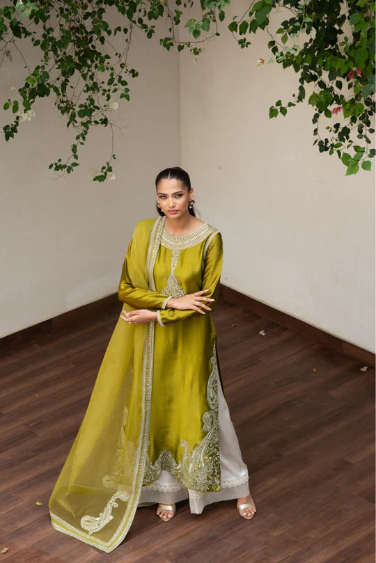 Olive Green Silk Shirt Azaar with Dupatta