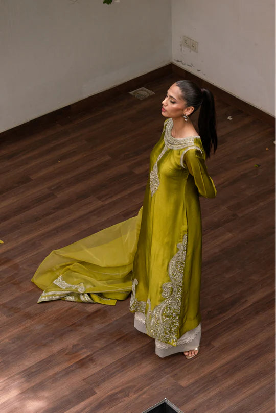 Olive Green Silk Shirt Azaar with Dupatta