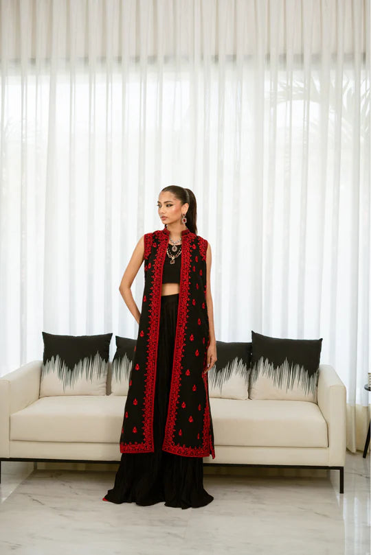 Black&Red Organza Coat with Crushed Azaar & tie and dye Dupatta