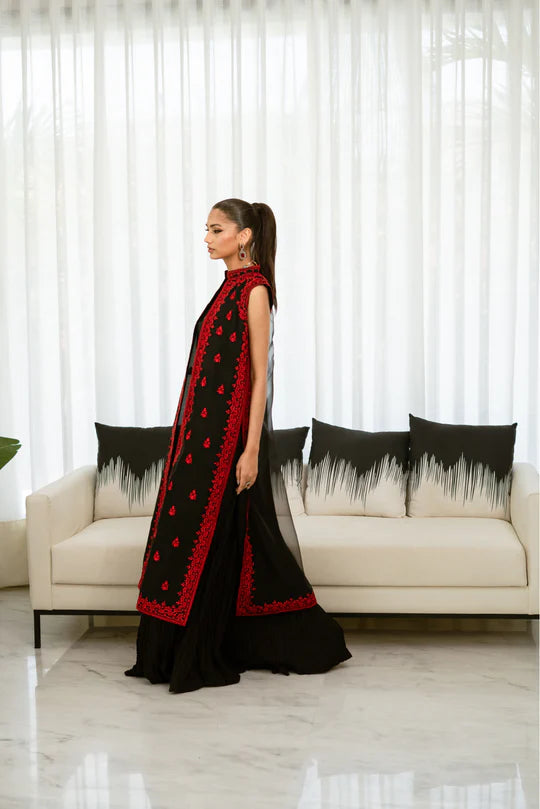 Black&Red Organza Coat with Crushed Azaar & tie and dye Dupatta