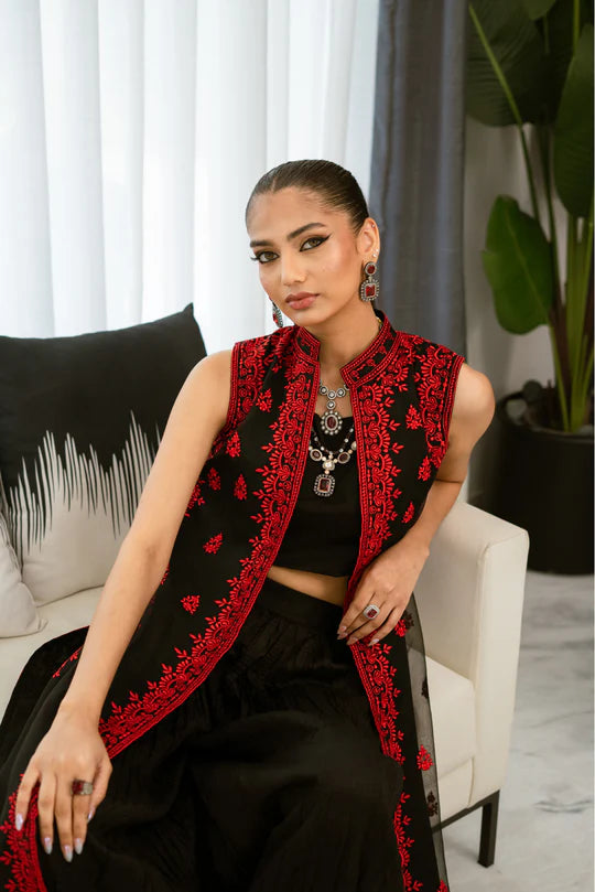 Black&Red Organza Coat with Crushed Azaar & tie and dye Dupatta