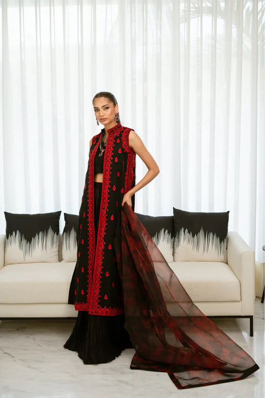 Black&Red Organza Coat with Crushed Azaar & tie and dye Dupatta