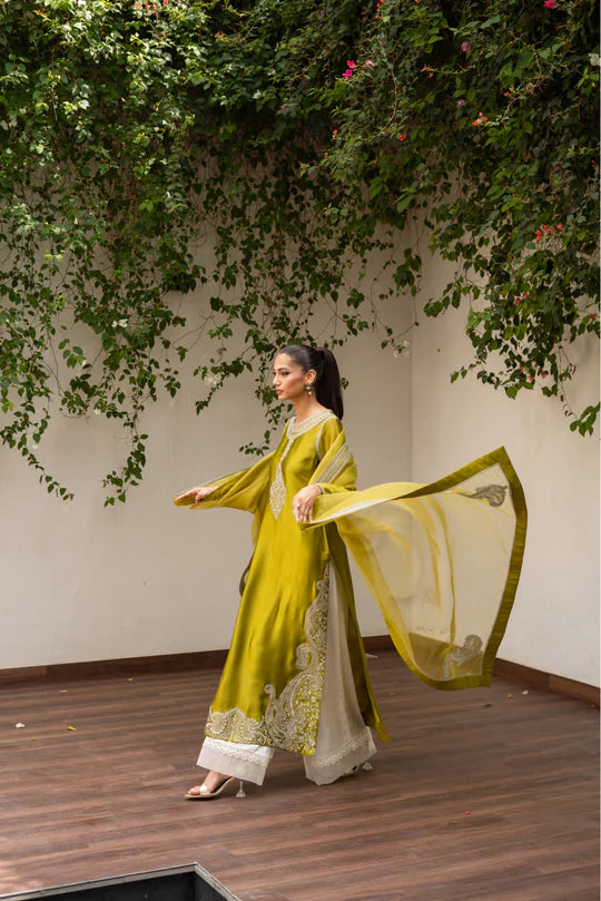 Olive Green Silk Shirt Azaar with Dupatta