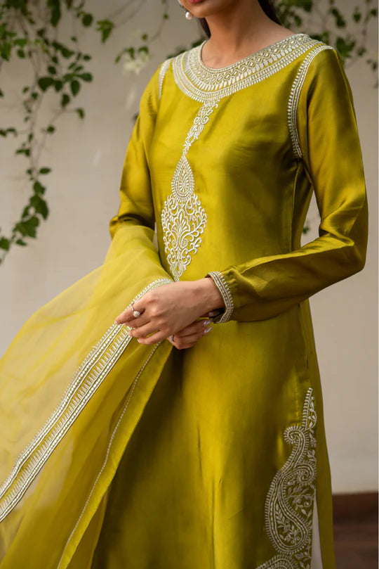 Olive Green Silk Shirt Azaar with Dupatta