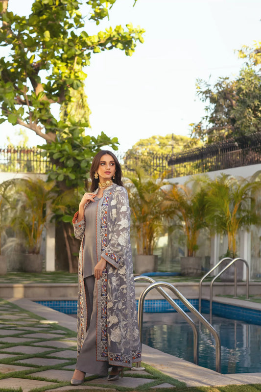 Grey & Off-white Embroidered Long Coat with Matching Shell & Flared Pants – AS8764