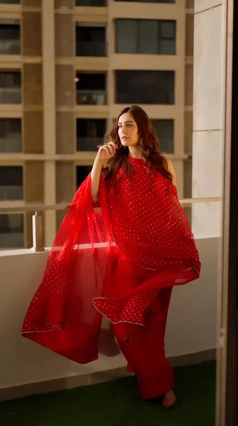 Deep Red 3Pc - Embroidered Duptta
