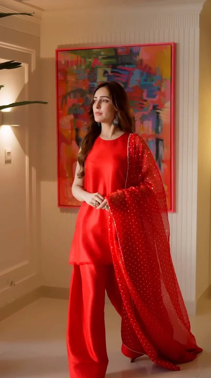 Deep Red 3Pc - Embroidered Duptta