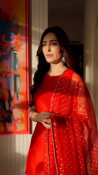 Deep Red 3Pc - Embroidered Duptta