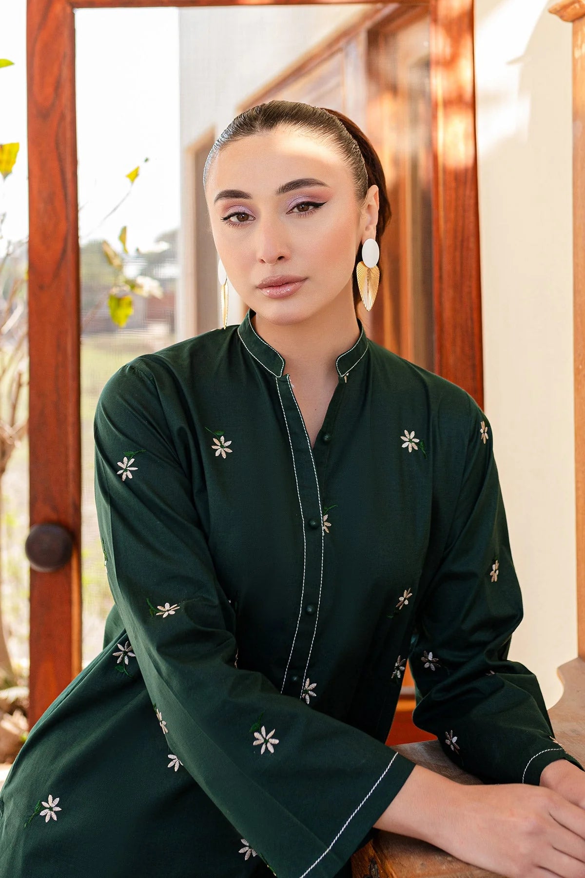 Bottle Green Embroidered Dress