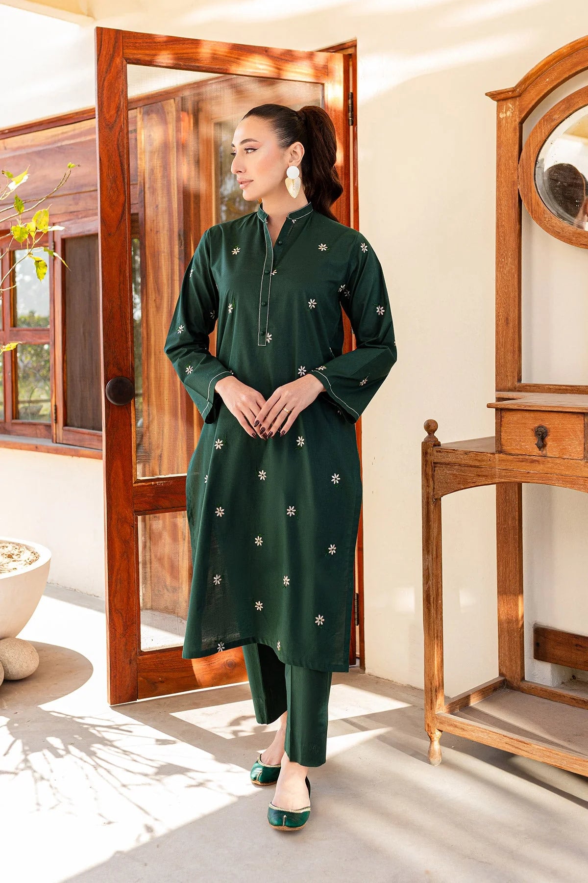 Bottle Green Embroidered Dress