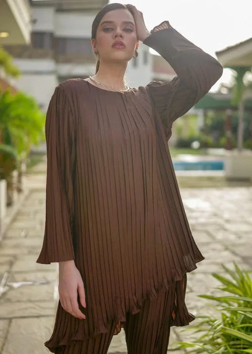 Brown Pleated Co-Ord Set